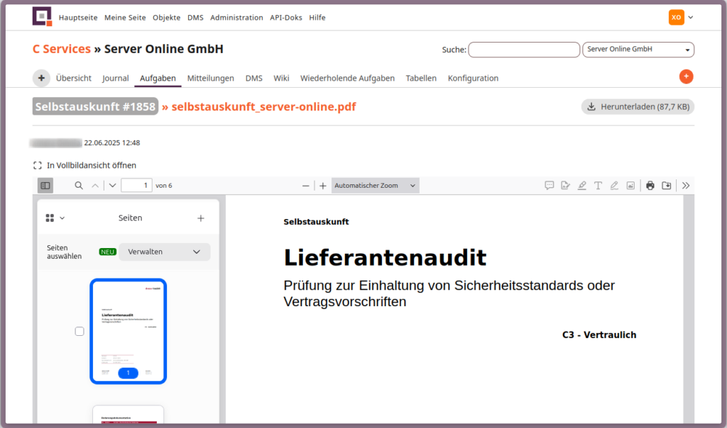 Inline Vorschau einer Selbstauskunft eines Lieferanten