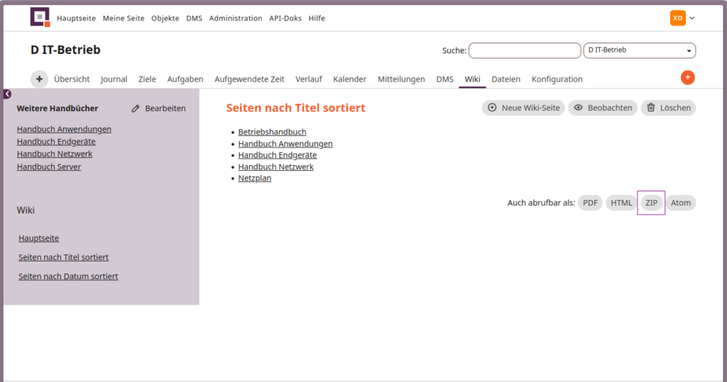 Export des gesamten Wikis als Textdateien in einer ZIP-Datei